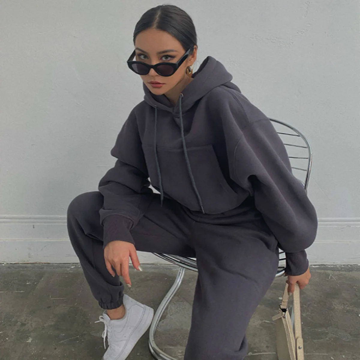 Women's 2024 Hoodie Autumn/Winter Solid casual sportswear and sports pants 2-piece set