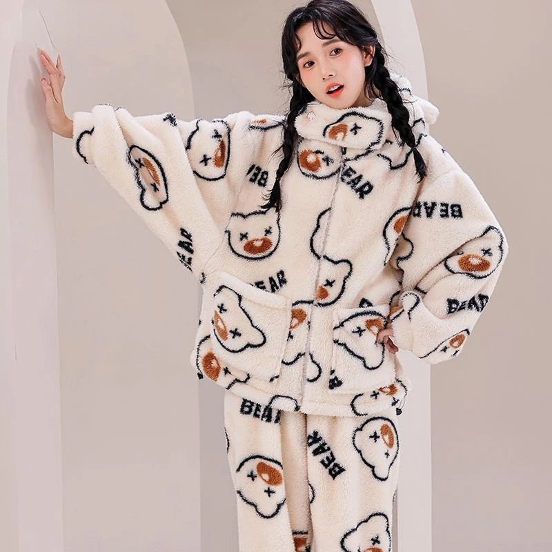 Print Warm Sleepwear Winter Women Pajama Hooded Thick Coral Velvet Women Nightwear Zipper Korean Long Sleeve Trouser Soft Pyjama