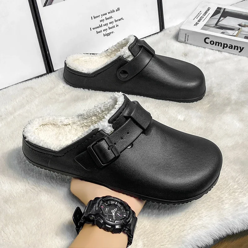Men's Slippers EVA Winter Plush Warm Waterproof Oil-proof Chef Shoes Non-slip Kitchen Work Shoes Couple Home Soft Sole