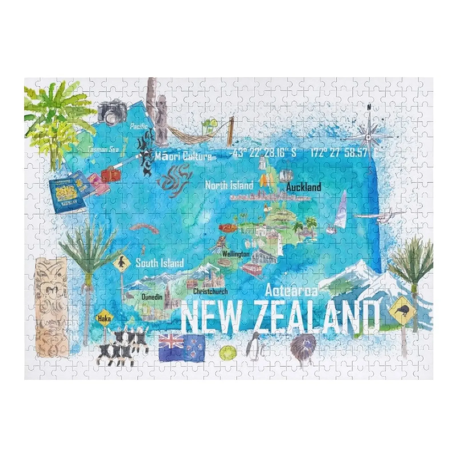 

New Zealand Illustrated Travel Map with Tourist Highlights Jigsaw Puzzle Personalized Child Gift Personalized Toys Puzzle