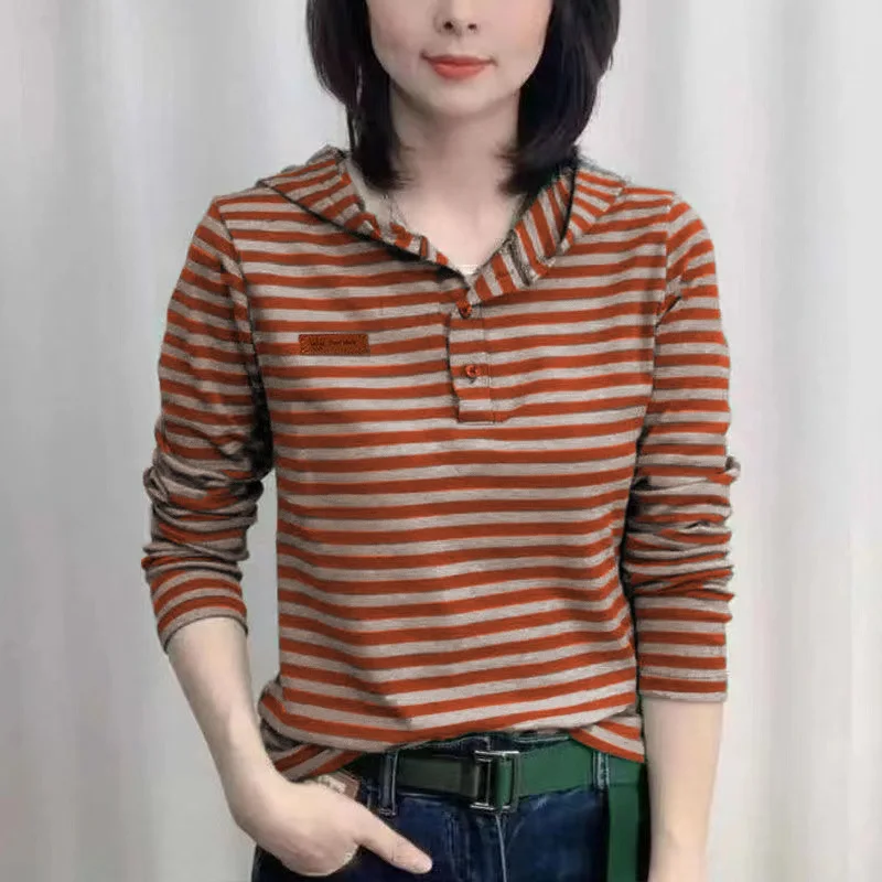

Women Trendy Vintage Classic Striped Appliques Y2K Hoodie Autumn Korean Casual Pullover Hooded Sweatshirt Loose Long Sleeve Tops
