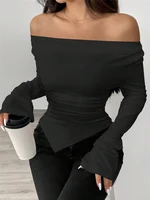 2025 printemps été nouveau femmes col en V épaules dénudées à manches longues conception t-shirt coupe ajustée avec volants irréguliers manches longues haut 6