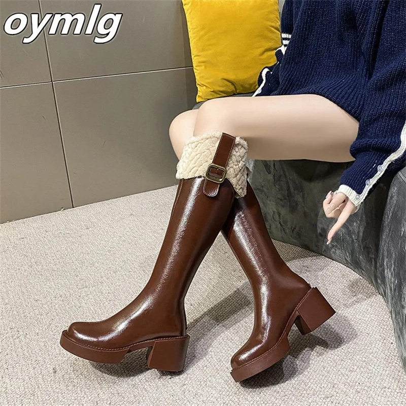 2023 Winter New plush thick heeled Knight Boots Women's Knee Up Fashion Snow Boots Warm Soft Leather High Boot