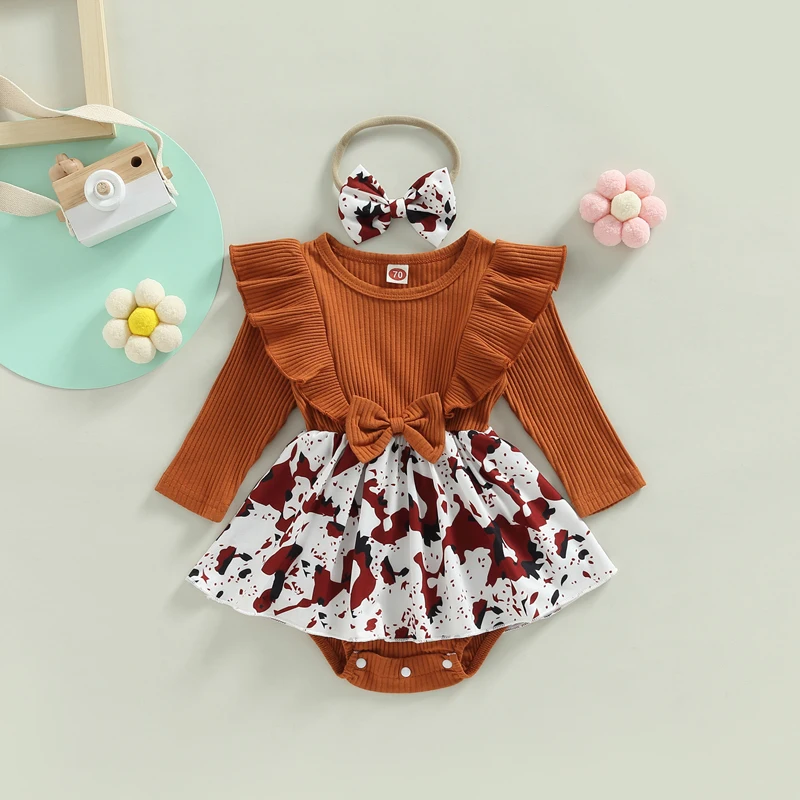 

Toddler Baby's Clothes Girls Romper Set Long Sleeve Crew Neck Printed Patchwork Romper with Hairband Children's Clothing