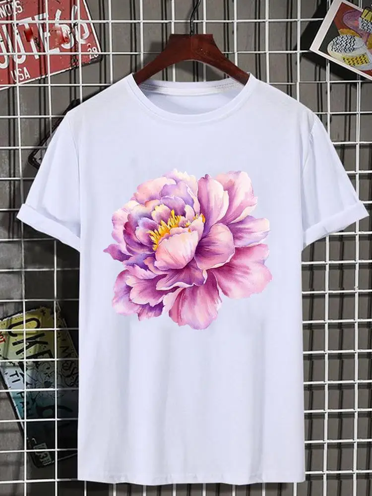 

Women Top Lady Female Shirt Tee Short Sleeve Graphic T-shirt Flower Lovely Floral Trend Print Fashion O-neck Clothing Clothes