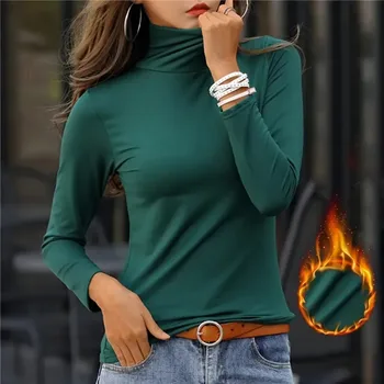 T-shirt invernale da donna a maniche lunghe con collo alto tinta unita con fondo in peluche aggiunto 1