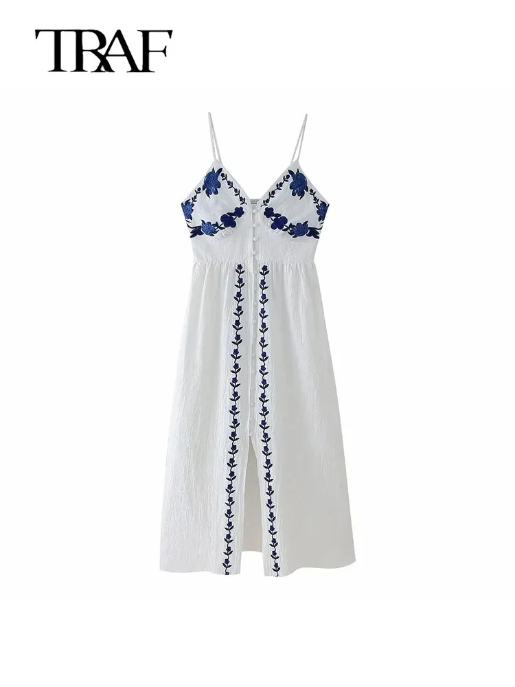 

TRAF Women Embroidery Slip Dress 2024 New Pleated Maxi Dresses for Woman Summer Backless Evening Dresses