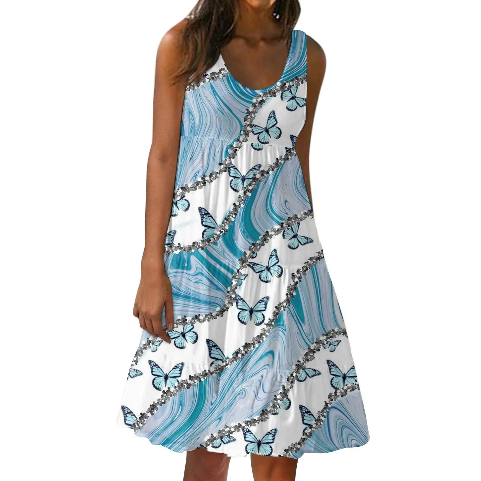 

2024 High-quality Women's Summer Fashion Sleeveless Geometric Printed Loose Patchwork Casual Beach Dress Летнія сукенкі