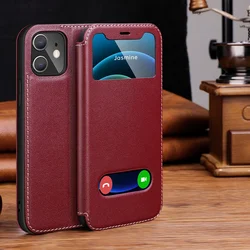 Luxury Genuine Leather Flip Cover with Window - Premium Book - Style Case - iPhone 14 (Red)