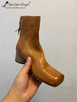 Handmade Women Square Toe Horsehide Genuine Leather Ankle Boots Elegant Lady High Top Block Med Heels Shoes Vintage Modern Boots