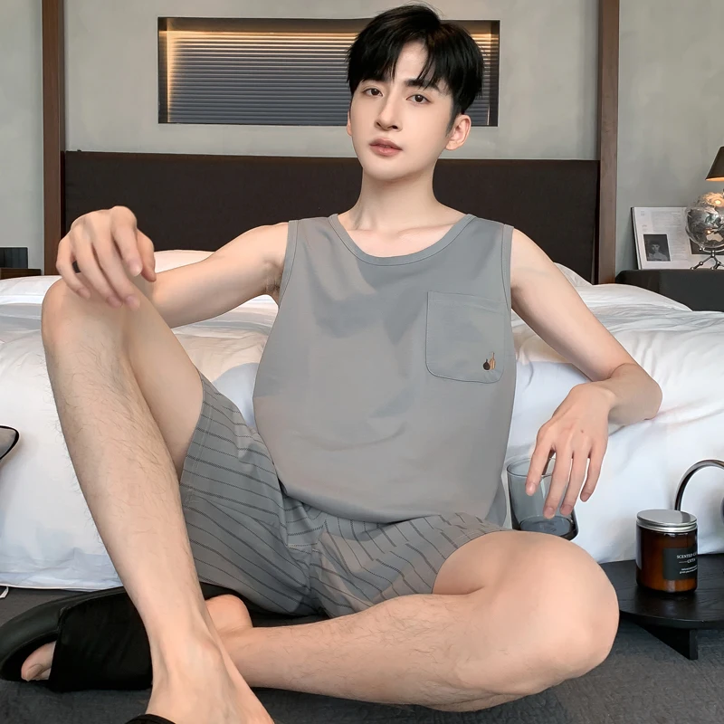 Big Size L-4XL Cotton Nightwear Men Pajamas Set Sleeveless Nightwear Summer O Neck Shorts Homewear pijama hombre