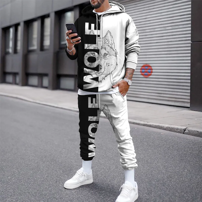 Leopard 3D Print Sweatshirts Suit  Autumn Fashion Men's Hoodie 2 Piece Set Street Pullover Male Casual Tracksuit Hoodie Set