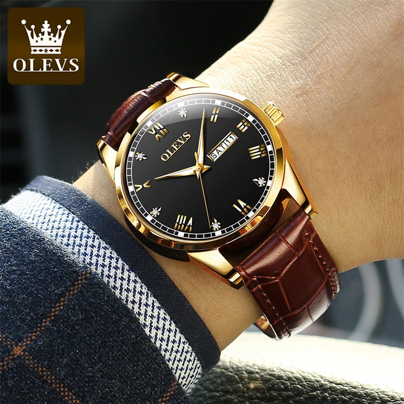 OLEVS New Business Mens Watches Top Brand Luxury Leather Strap Warterproof Week Date Quartz Watch for Men Relogio Masculino