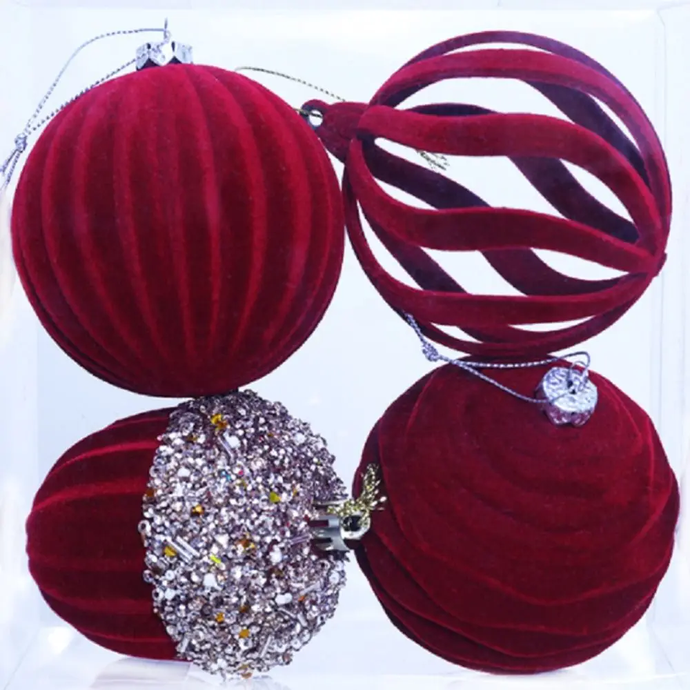4pcs Flocked Velvet Christmas Ball Delicate Shatterproof Christmas Tree Pendant Decorative Xmas Hanging Ornament Party