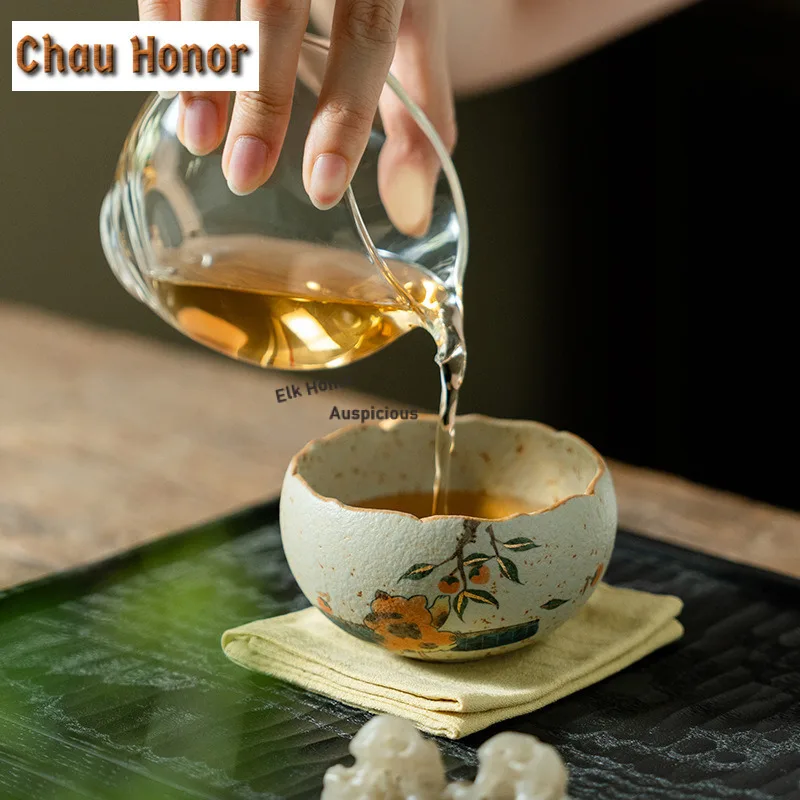 195ml Hand-painted Cat Stealing Persimmons Teacup Retro Tea Bowl Tea Pair Tea-tasting Meditation Cup Chazhan Master Cups Cha