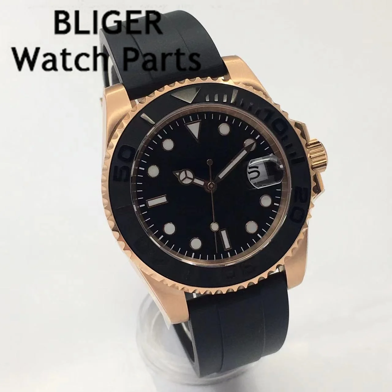 BLIGER 40mm NH35A MIYOTA 8215 PT5000 Automatic Mens Watch Sapphire Glass Curved Rubber Strap Luminous Black Dial