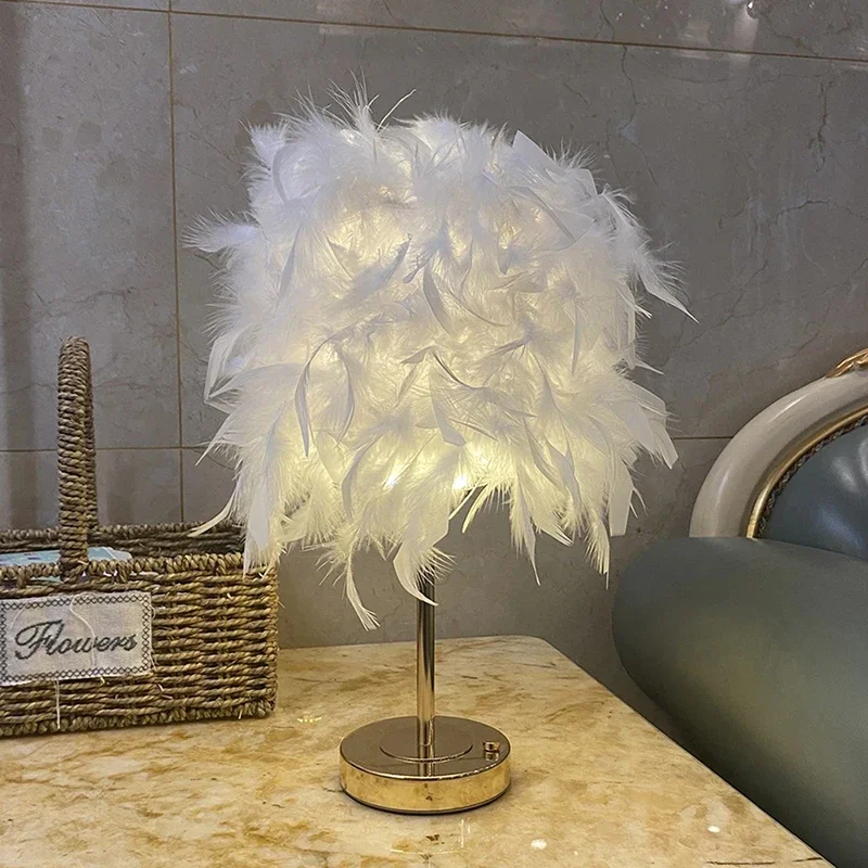 

White Feather Lamp Bedroom Hotel Minimalist Light Colors Nook Dimmable Touch Control USB Power Lampka Nocna Home Wedding Decor