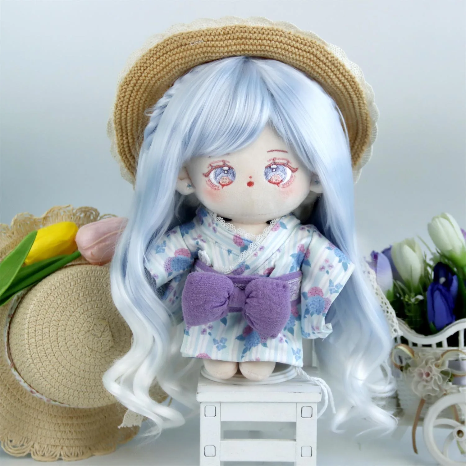 Light Blue Gradient Curls 20cm Cotton Doll Hair Milk Silk Wig