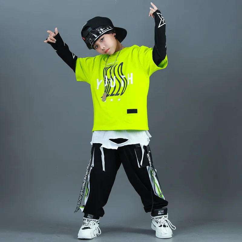 

Kids Fashion Hip Hop Clothing Oversize Green Hoodie Streetwear Black Cargo Shorts For Girls Boys Jazz Dance Costume Clothes