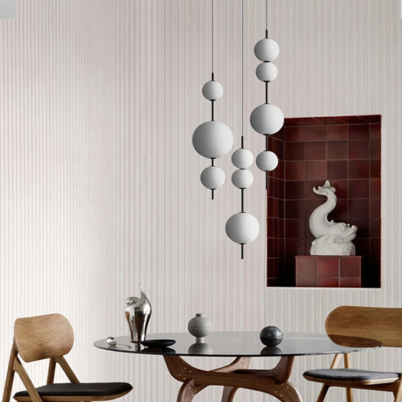 

Italian Minimalist LED Bedroom Pendant Chandelier White Glass Beads Pendant Dining Room Kitchen Round Ball Hanging Light Decor