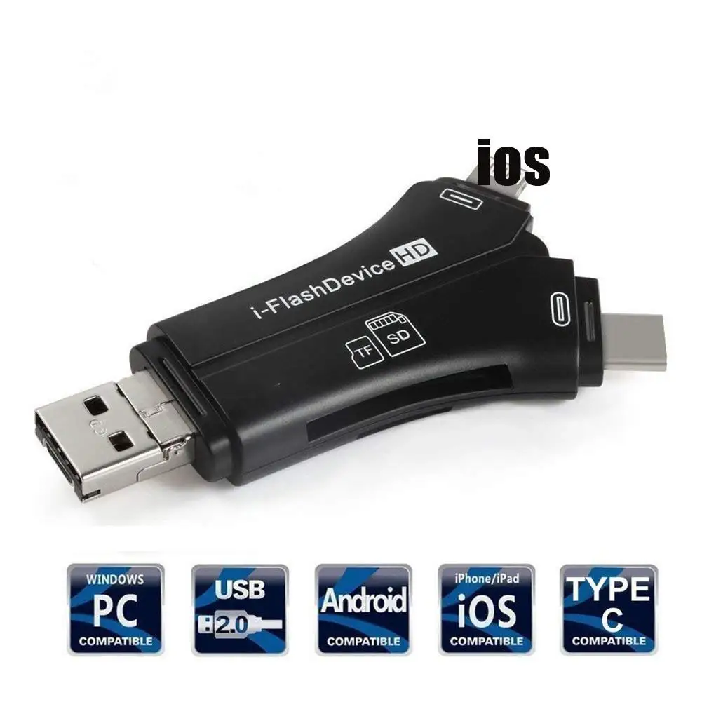 USB2.0+Micro+Type-c+Lightning 4-in-1 Multi-interface Card Reader for SD/TF Card for Phone Android iPad I-flashdevice