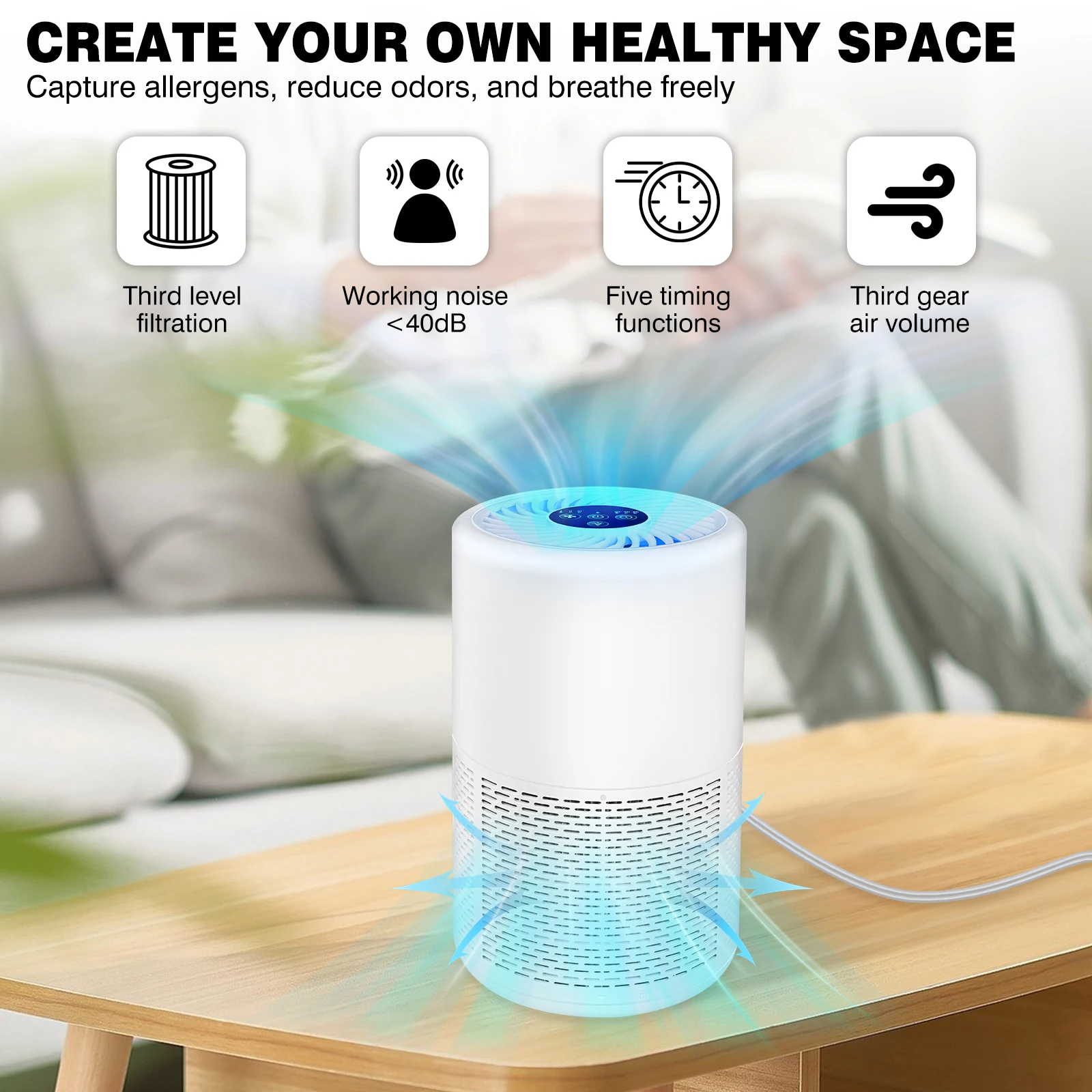 PRO. Air Purifier for Home, Allergies and Pets Hair, Smokers, H13 True HEPA Filter Removes 99.97% of Pollutants, Low Noise 3