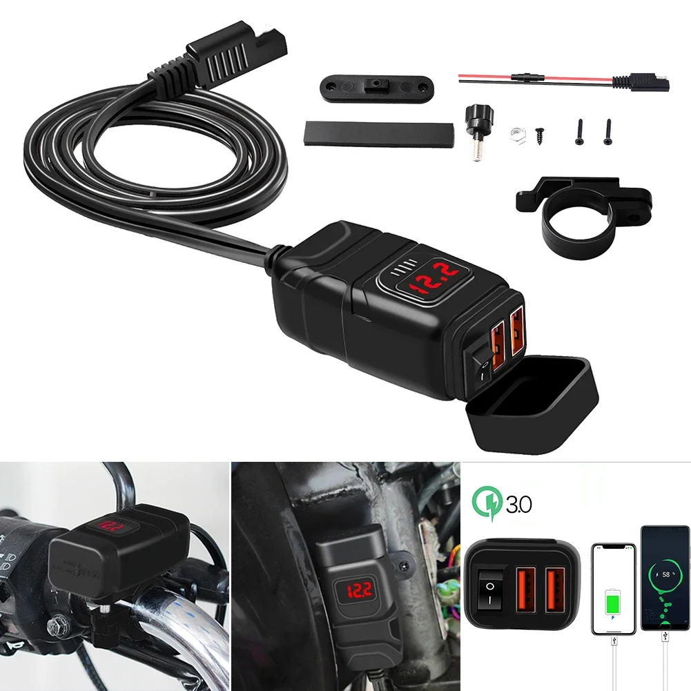 Upgrade Practical Motorcycle Dual Quick Charger 3.0 Waterproof 12V SAE to USB Adapter with Voltmeter On Off Switch Accessory