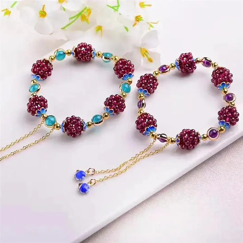 1 Pcs Ethnic Style Natural Pomegranate Flower Ball Bracelet Earrings Sweater Chain With Tianhe Stone Cloisonn É Bracelet