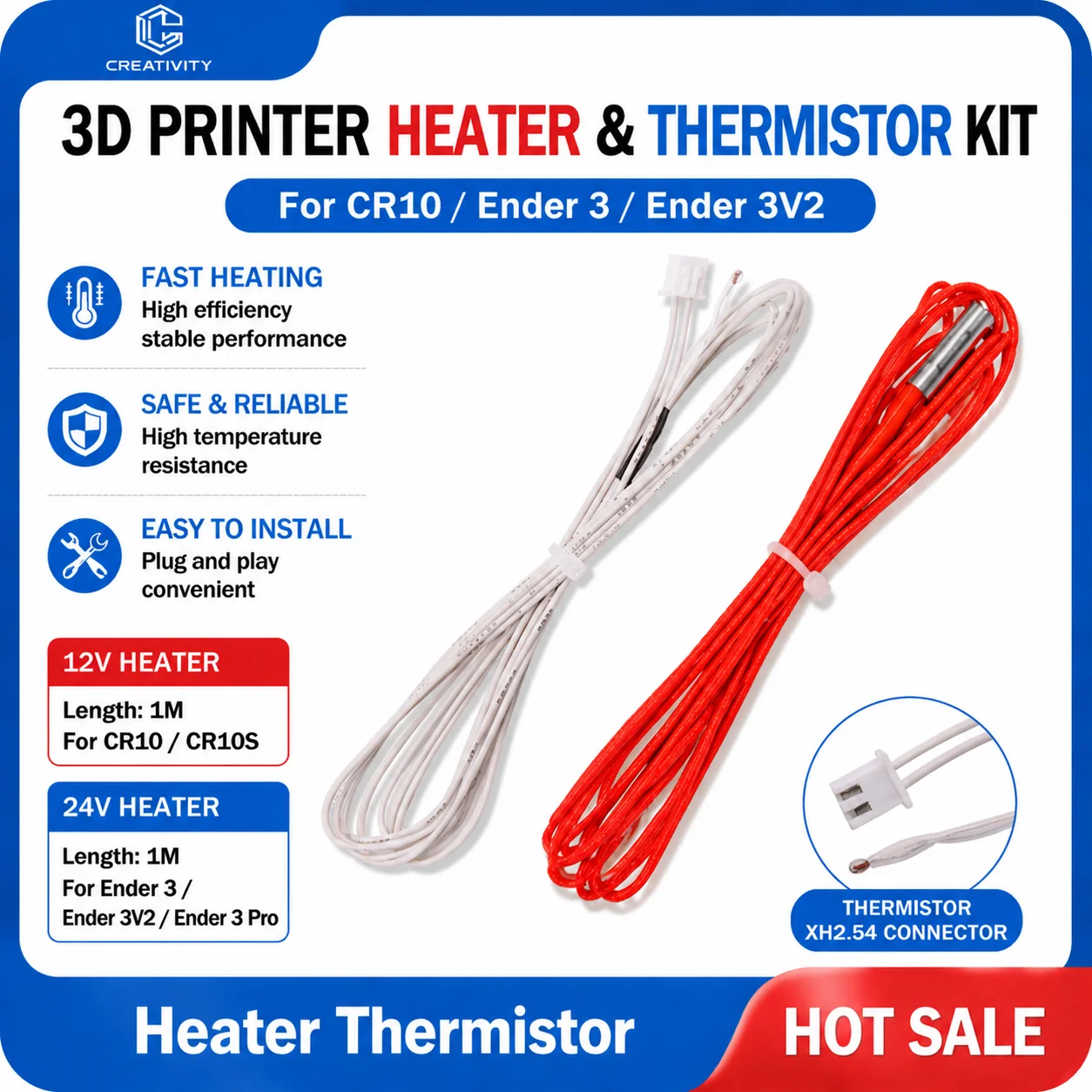 3D-Drucker-Teile Ender3 100K Thermistor 12V/24V Heizpatrone Geeignet für Cr10 CR10s Ender3V2 Ender3 Hotend-Teile