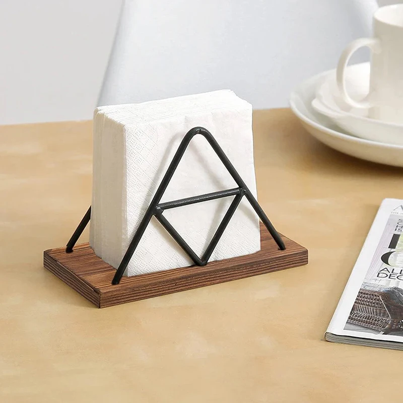 Nordic Triangle Paper Towel Holder Metal Steel Rim Wood Upright Napkin Holder Paper Towel Finishing And Placing Stand