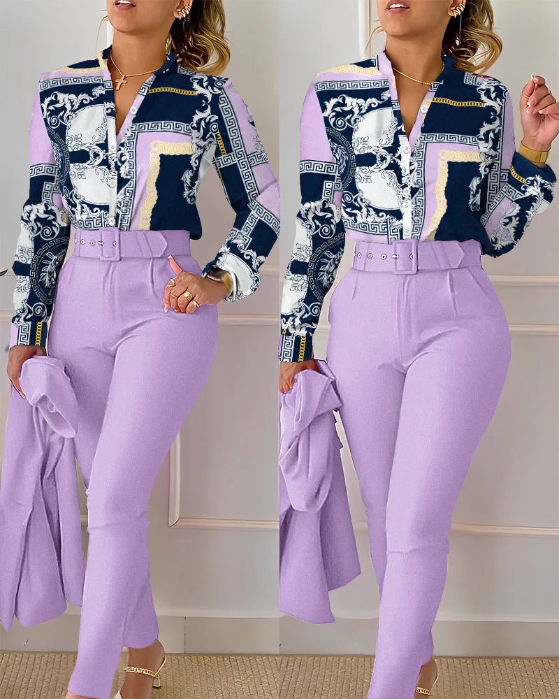 

Fashion Print 2 Piece Set Women Casual Long Sleeve Shirt Pants Suits Elegant Female Office Blouses Top High Waist Pants Outifits