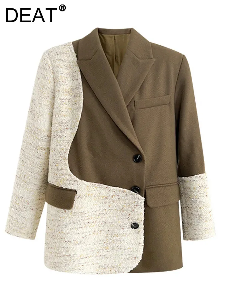 

DEAT Fashion Women's Blazer Notched Contract Color Single Breasted Pockets Loose Lady Suit Jackets Winter 2024 New Tide 7AB1774