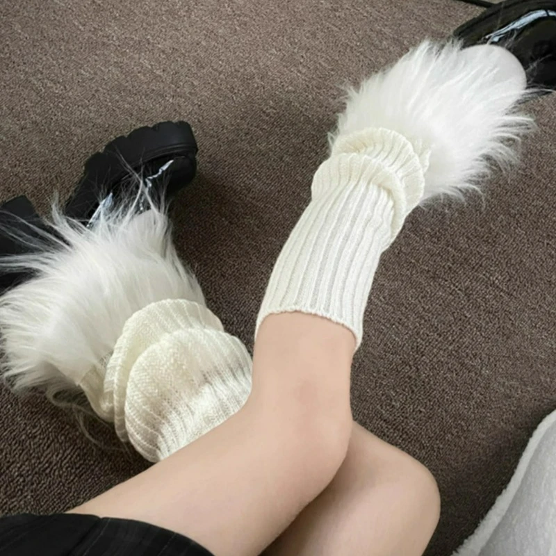 Women's Artificial Fur Leg Warmers Harajuku Y2K Lolita Autumn Winter Black and White Knitted Socks Leg Warmers for Women Girls