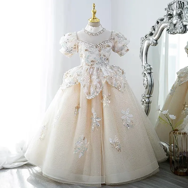 

Children Pageant ball gown High-end Baby Princess dress Sequins Beaded Bubble sleeve Girls Dress Flower girl wedding Party dress