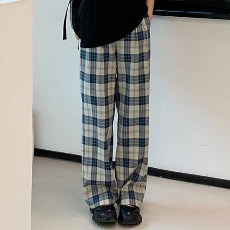 Vintage Classic Plaid Print Y2K Harajuku Straight Trousers Women Summer Korean Casual High Waist Streetwear Loose Pants Clothing