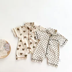 Barboteuse à manches courtes pour bébé, pyjama imprimé ours de dessin animé, mince et respirant, combinaison à pois pour bébé garçon et fille, nouvelle collection été 2022 
