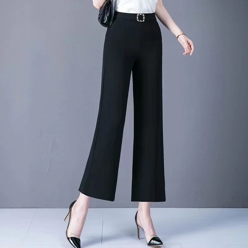 2024 Summer Women Ankle-Length Pants Milk Silk Loose Straight Leg Pants Elastic High Waist Casual Wide Leg Pants