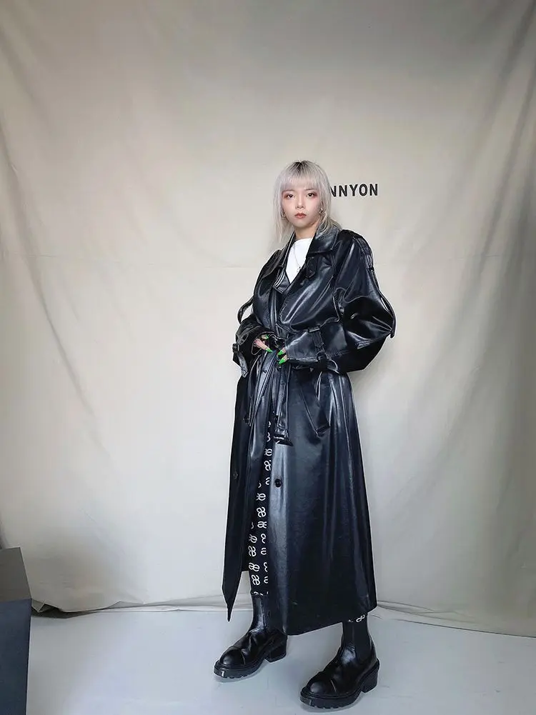 ADAgril Black Leather Trench Coat Women Retro Biker Long Windbreak Jackets Loose Korean Style Fashion Autumn Winter Clothes New