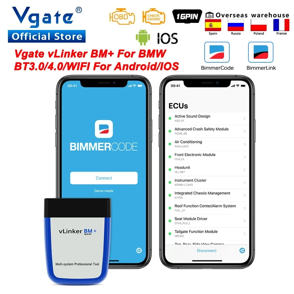 Vgate vLinker BM + ELM 327 V2.2 블루투스 호환 OBD2 스캐너, 와이파이 OBD 2 자동차 진단 ELM327 자동차 도구, BMW Bimmercode용 