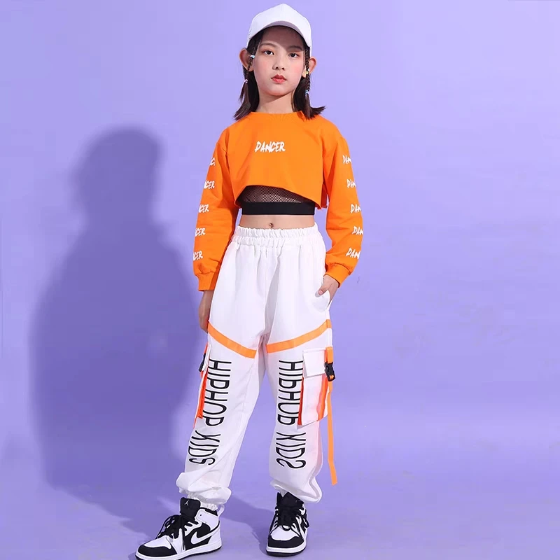 

Hip Hop Girls Crop Top Contrast Cargo Pants Boys Sweatshirt Joggers Child Streetwear Clothes Sets Kids Street Dance Jazz Costume