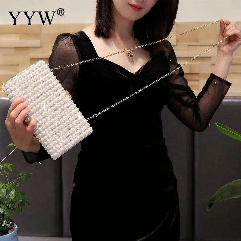 Elegant Pearl Beads Rhinestone Women Evening Clutch Handbag Square Wedding Bridal Diamond Messenger Purse Lady Metal Chain Bag