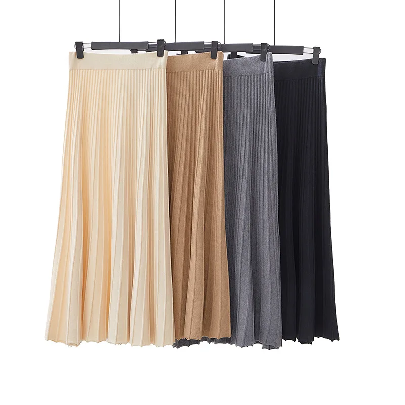 

Autumn Winter Long Knitted Skirts For Women 2023 Fashion Fall Elastic Waist Umbrella A-line Pleated Women Skirt Basic All-match