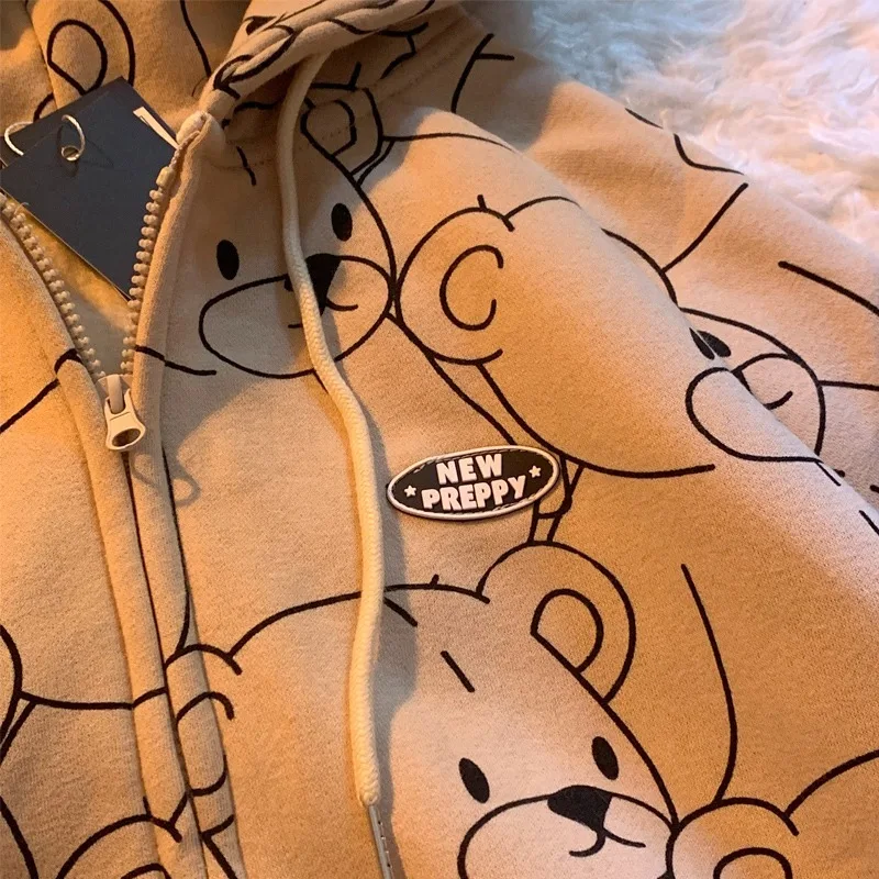 Harajuku Cute Teddy Bear Hoodies Preppy Style Hooded Tops Sport Outwear Sweatshirts Women Simple All Match Spring Autumn Coats