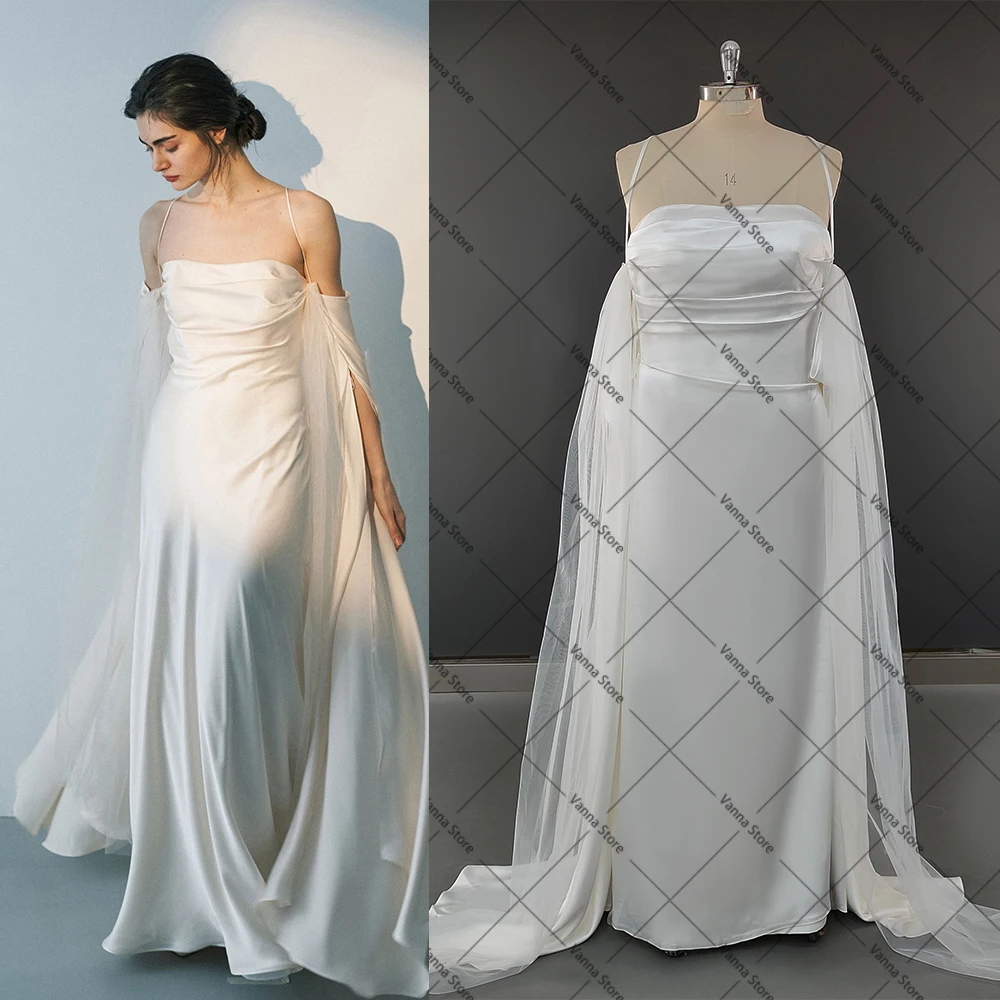 

Column Satin Simple Spaghetti Straps Elegant Wedding Dress Custom Made Long Slit Sleeves Criss Cross Backless Bridal Gowns