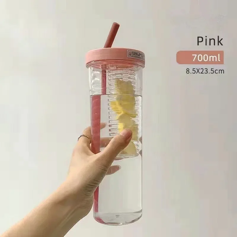 Portable Transparent Water Bottle with Straw and Fruit Infuser