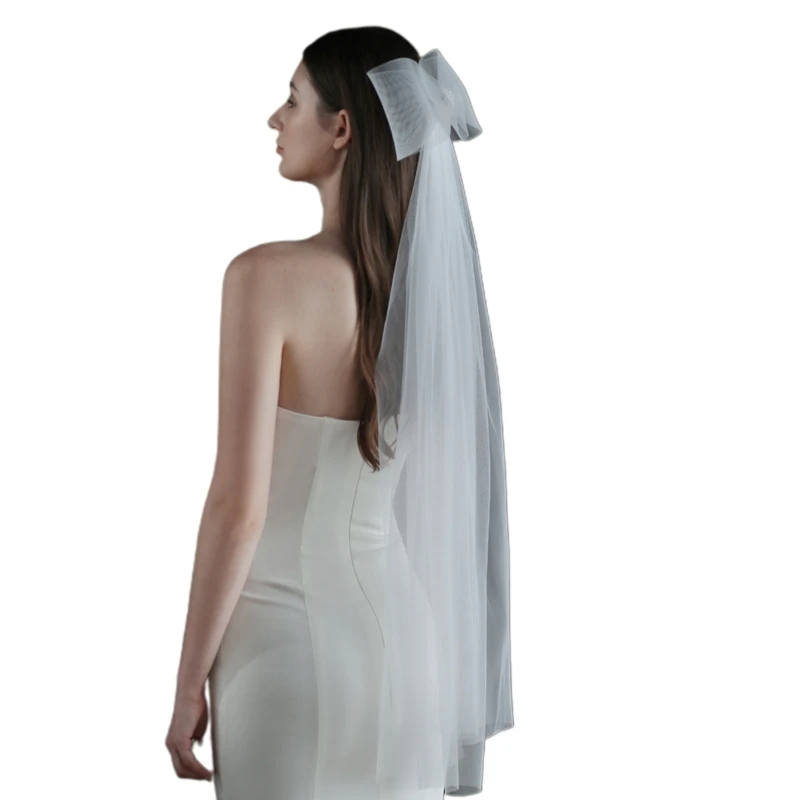 

Wedding Bridal Veil Big Bow Decor Ivory White Short Sheer Veils 2 Tiers