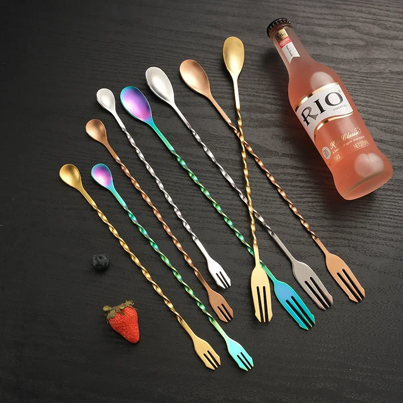 Stainless Steel Bar Stir Spoon Cocktail Spiral Pattern Mixing With Muddler For tender Metal Gold Accessories