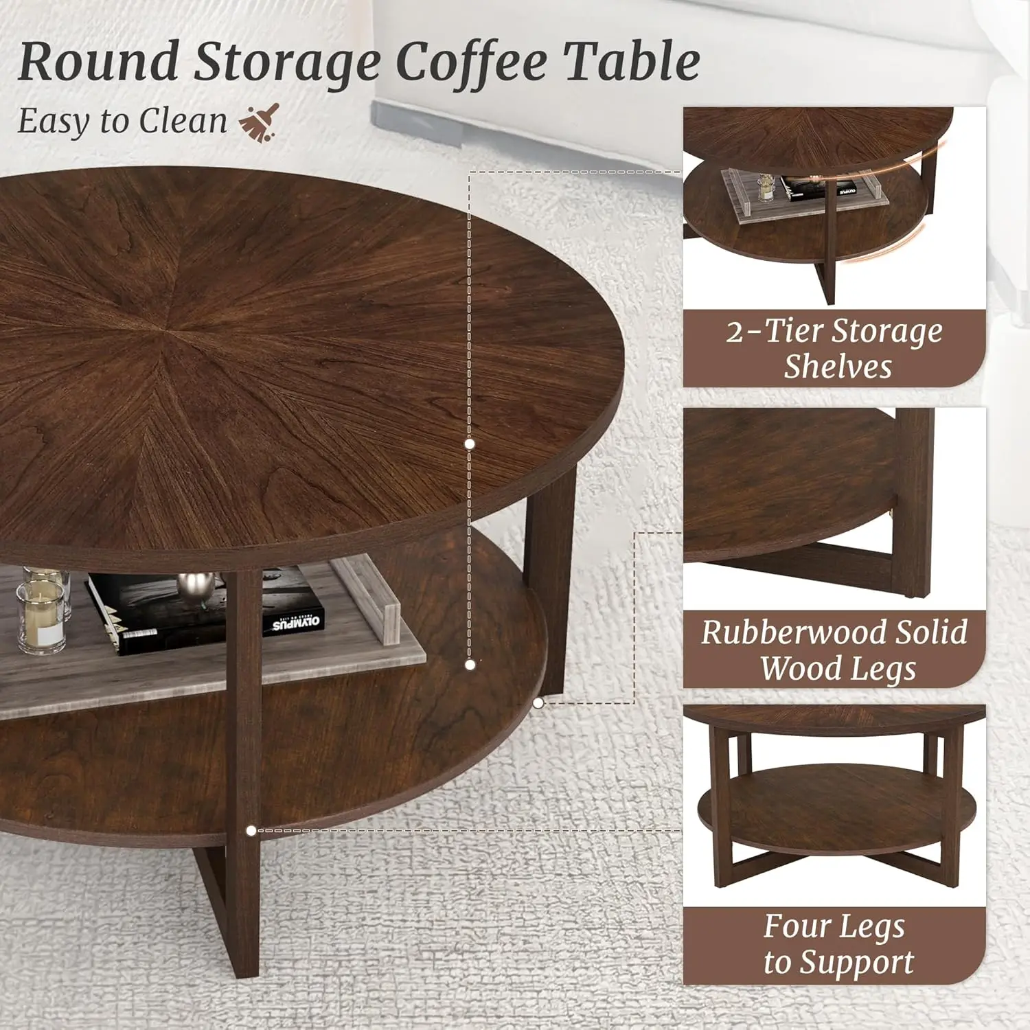 Round Coffee Table,35"Rustic Modern Circle Coffee Tables with 2-Tier Storage Shelf,Wood Coffee Table for Living Room,Dark Walnut