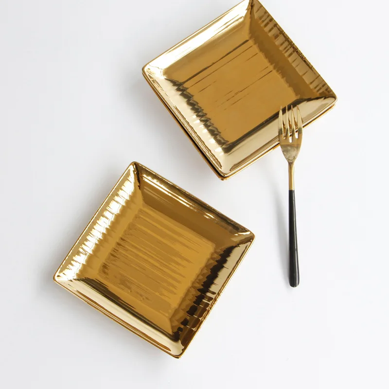 

European Luxury Golden Ceramic Tableware Horizontal Pattern Square Plate Vertical Dessert Fruit