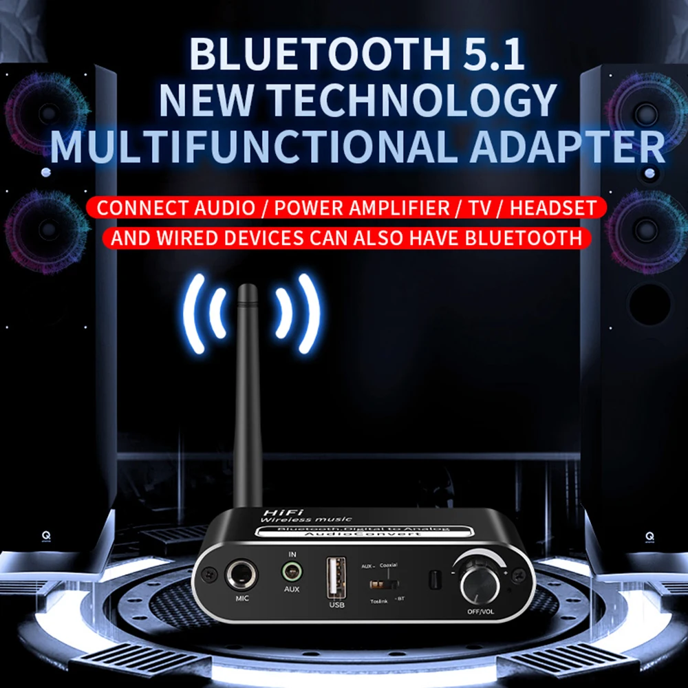 

T02 Decoder Converter Fiber Coaxial Digital-to-Analog AUX+RAC Interface Bluetooth-Compatible 5.1 Receiver Audio Adapter